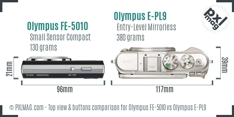 Olympus FE-5010 vs Olympus E-PL9 top view buttons comparison