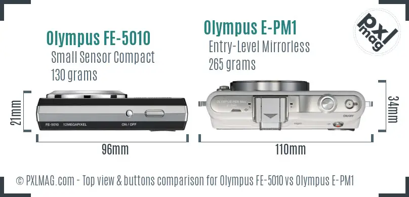Olympus FE-5010 vs Olympus E-PM1 top view buttons comparison