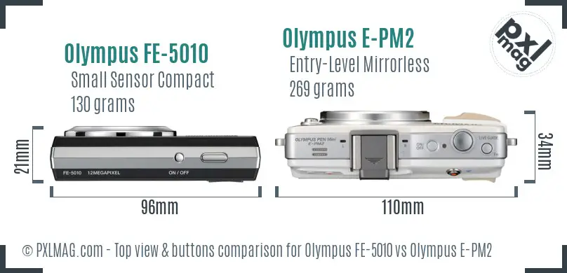 Olympus FE-5010 vs Olympus E-PM2 top view buttons comparison