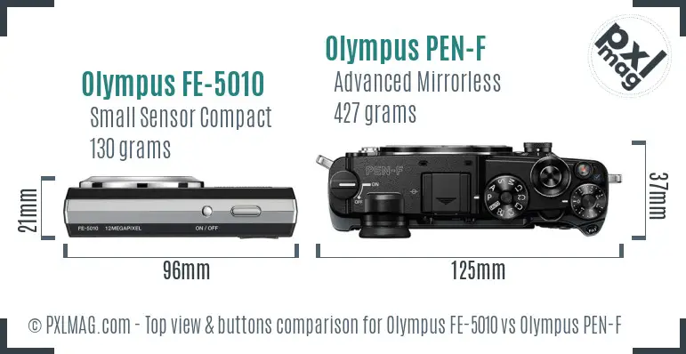 Olympus FE-5010 vs Olympus PEN-F top view buttons comparison