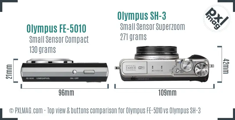 Olympus FE-5010 vs Olympus SH-3 top view buttons comparison