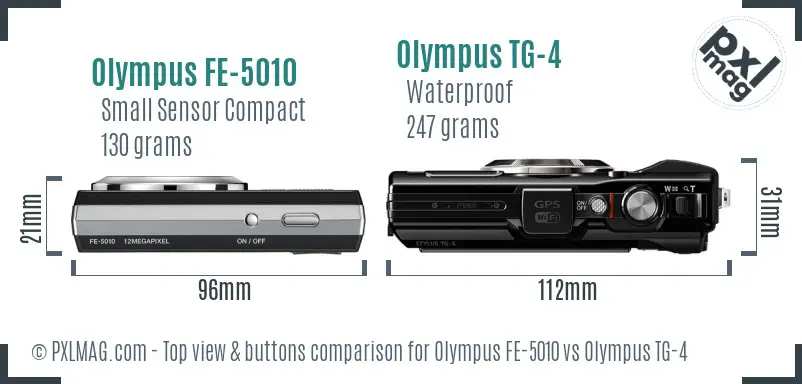 Olympus FE-5010 vs Olympus TG-4 top view buttons comparison