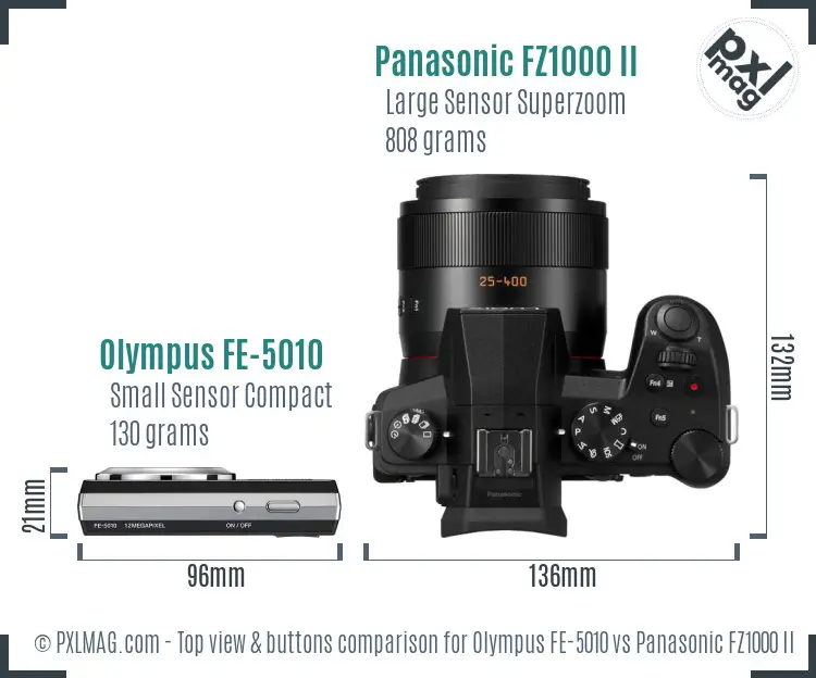 Olympus FE-5010 vs Panasonic FZ1000 II top view buttons comparison