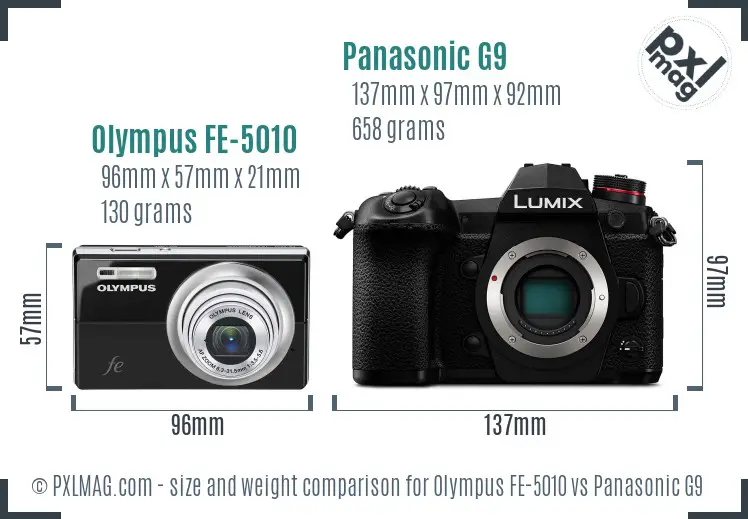 Olympus FE-5010 vs Panasonic G9 size comparison