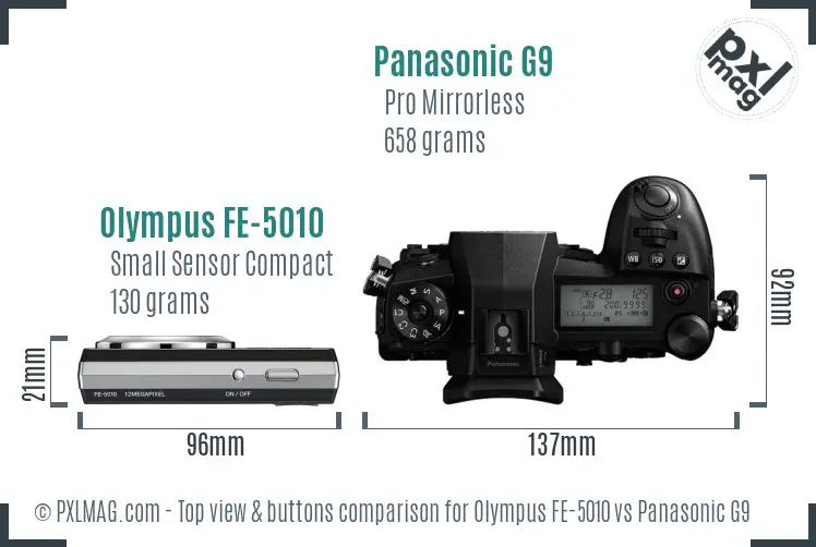 Olympus FE-5010 vs Panasonic G9 top view buttons comparison