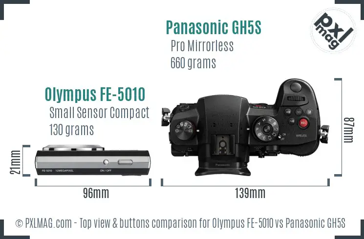 Olympus FE-5010 vs Panasonic GH5S top view buttons comparison