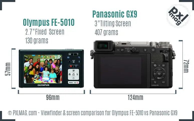 Olympus FE-5010 vs Panasonic GX9 Screen and Viewfinder comparison