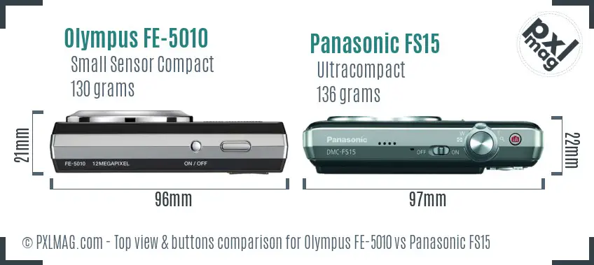 Olympus FE-5010 vs Panasonic FS15 top view buttons comparison