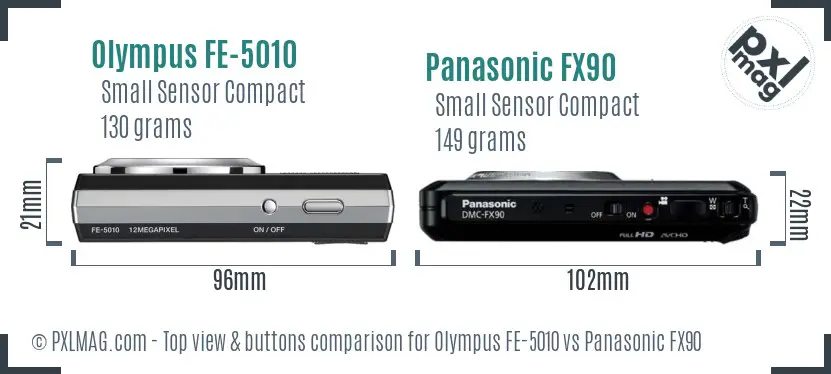 Olympus FE-5010 vs Panasonic FX90 top view buttons comparison