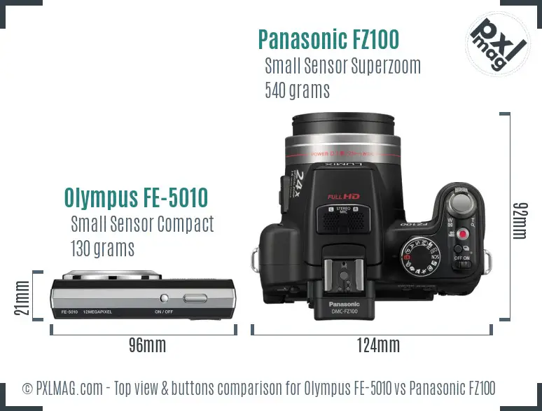 Olympus FE-5010 vs Panasonic FZ100 top view buttons comparison