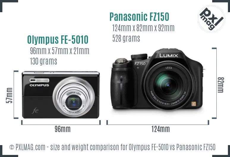 Olympus FE-5010 vs Panasonic FZ150 size comparison