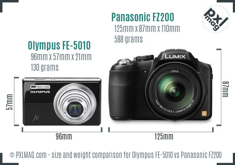 Olympus FE-5010 vs Panasonic FZ200 size comparison