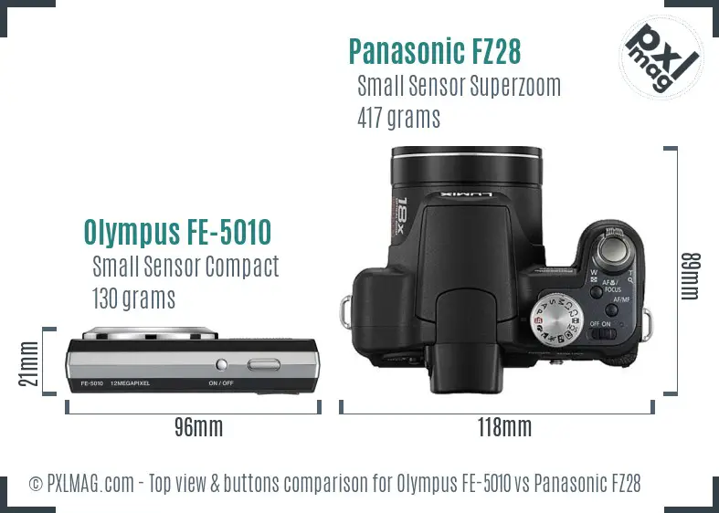 Olympus FE-5010 vs Panasonic FZ28 top view buttons comparison