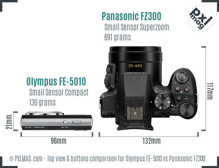 Olympus FE-5010 vs Panasonic FZ300 top view buttons comparison