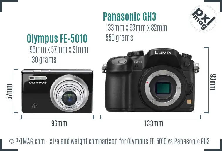 Olympus FE-5010 vs Panasonic GH3 size comparison