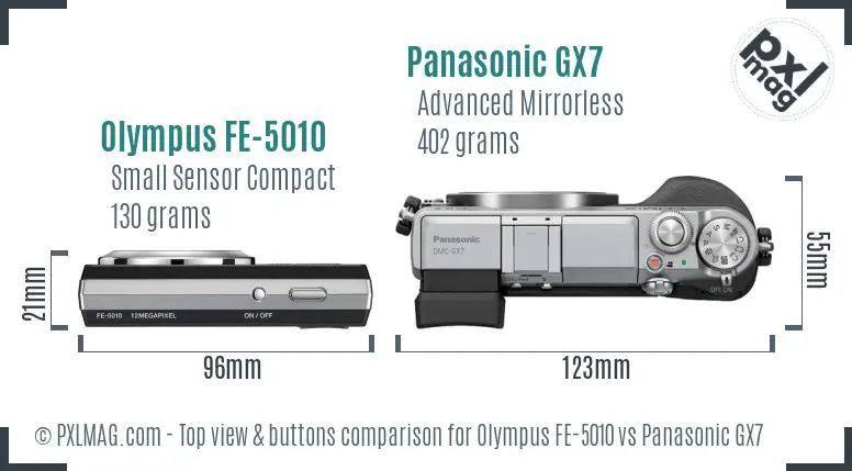 Olympus FE-5010 vs Panasonic GX7 top view buttons comparison