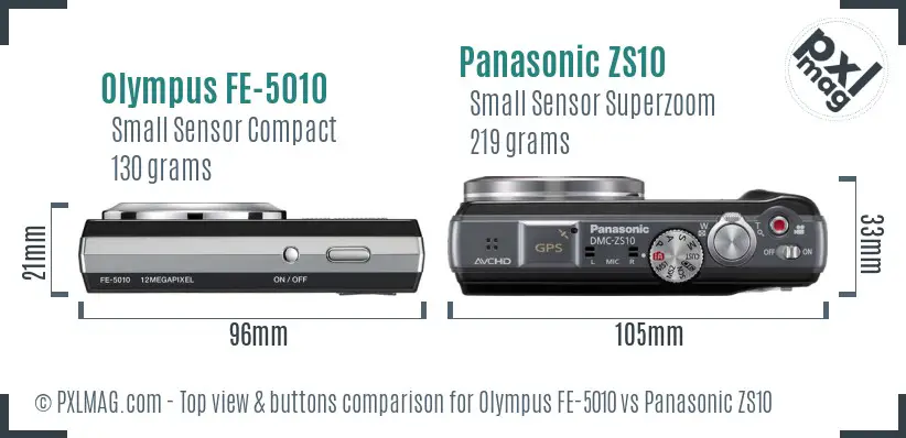 Olympus FE-5010 vs Panasonic ZS10 top view buttons comparison