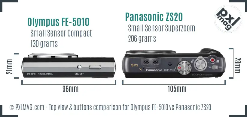 Olympus FE-5010 vs Panasonic ZS20 top view buttons comparison