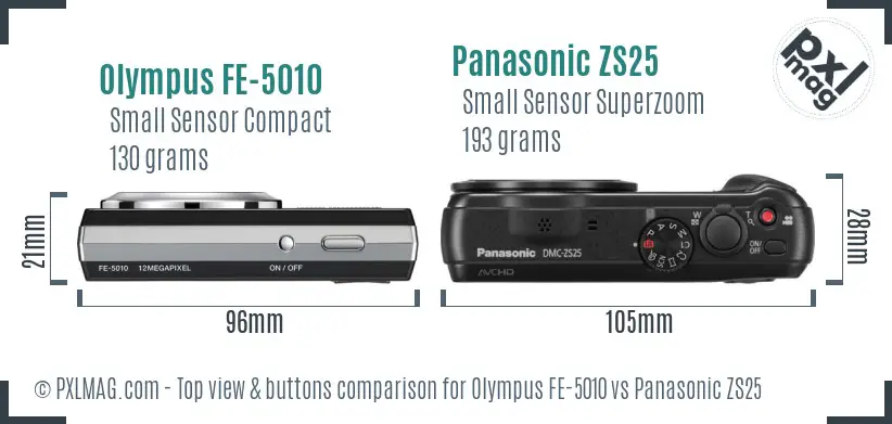 Olympus FE-5010 vs Panasonic ZS25 top view buttons comparison
