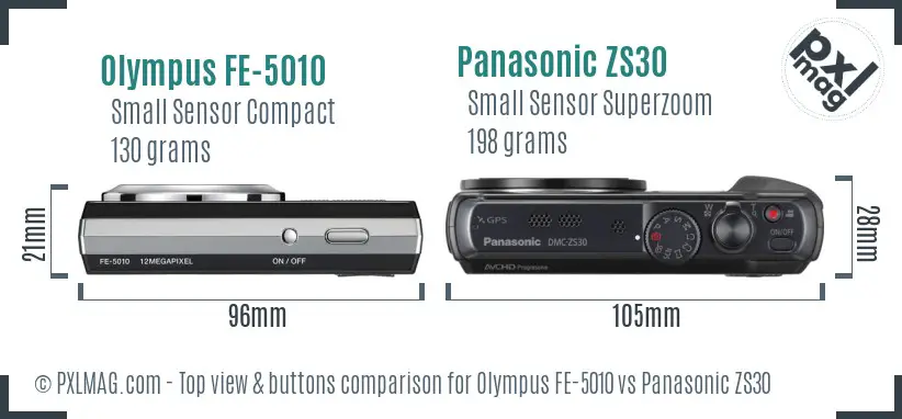 Olympus FE-5010 vs Panasonic ZS30 top view buttons comparison