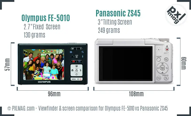 Olympus FE-5010 vs Panasonic ZS45 Screen and Viewfinder comparison