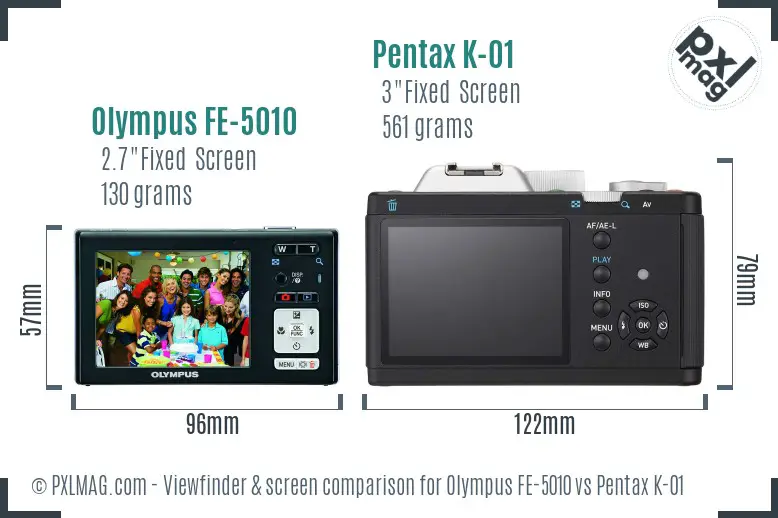 Olympus FE-5010 vs Pentax K-01 Screen and Viewfinder comparison