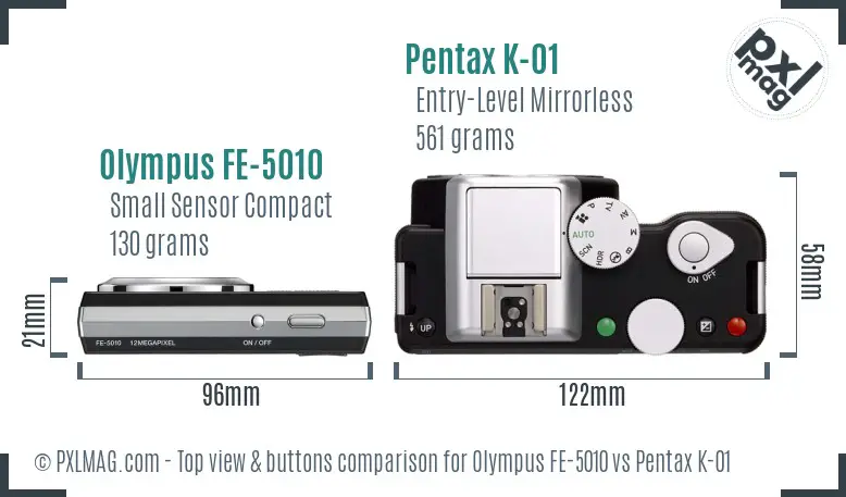 Olympus FE-5010 vs Pentax K-01 top view buttons comparison