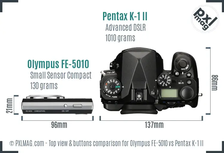 Olympus FE-5010 vs Pentax K-1 II top view buttons comparison