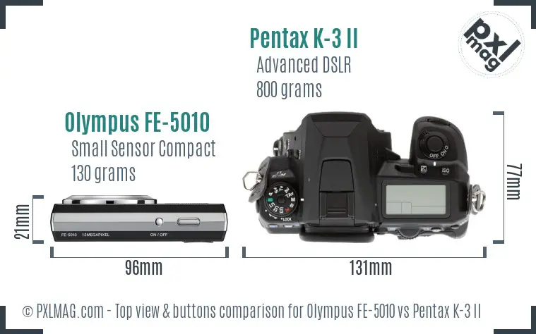 Olympus FE-5010 vs Pentax K-3 II top view buttons comparison