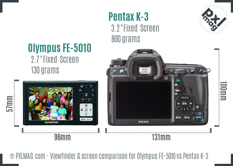 Olympus FE-5010 vs Pentax K-3 Screen and Viewfinder comparison