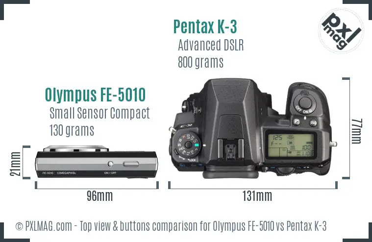 Olympus FE-5010 vs Pentax K-3 top view buttons comparison