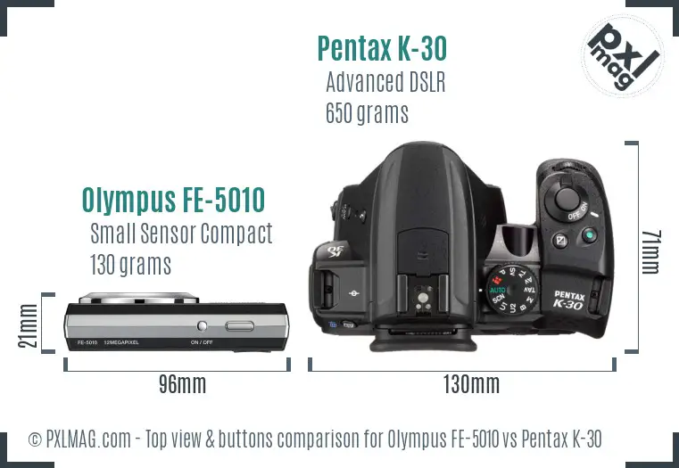 Olympus FE-5010 vs Pentax K-30 top view buttons comparison