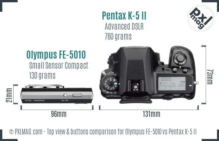 Olympus FE-5010 vs Pentax K-5 II top view buttons comparison