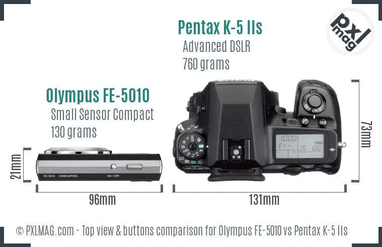 Olympus FE-5010 vs Pentax K-5 IIs top view buttons comparison