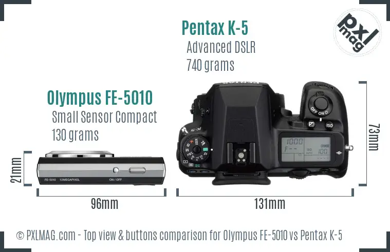 Olympus FE-5010 vs Pentax K-5 top view buttons comparison