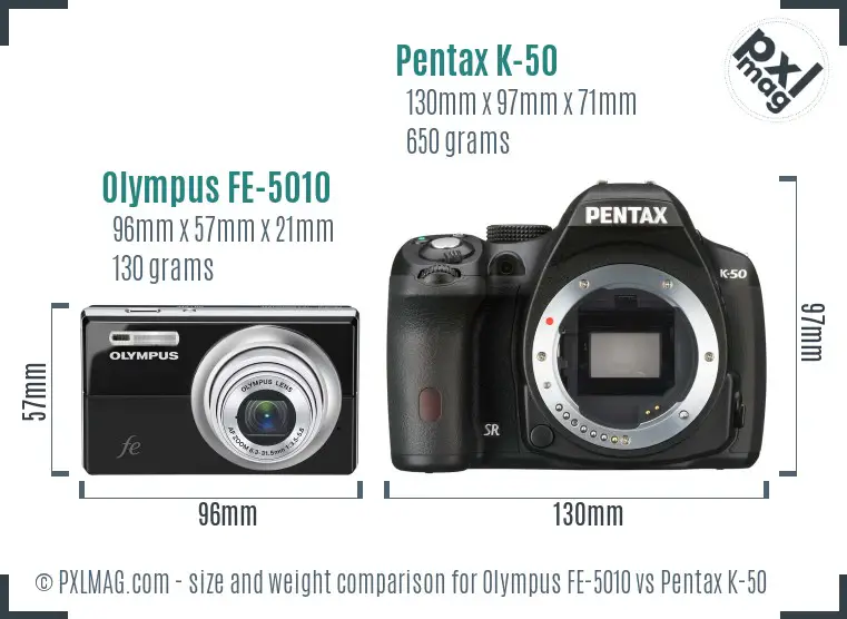 Olympus FE-5010 vs Pentax K-50 size comparison