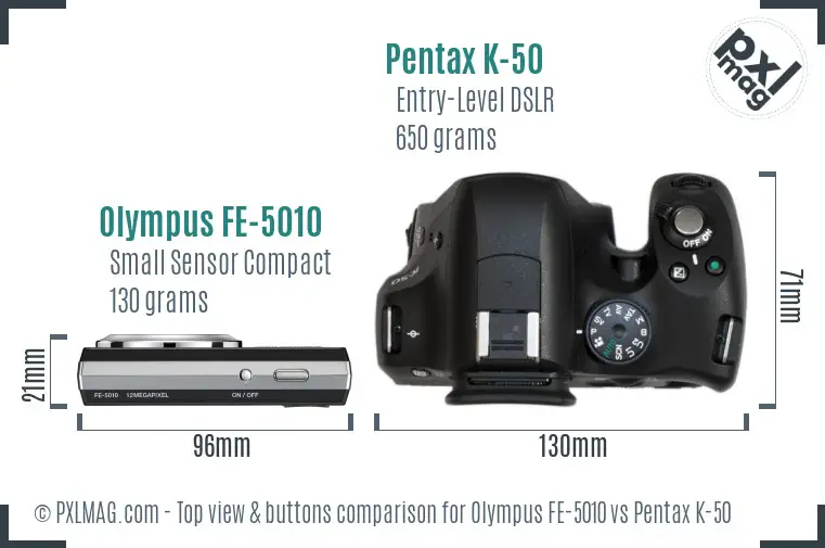 Olympus FE-5010 vs Pentax K-50 top view buttons comparison