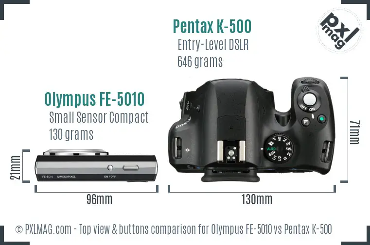 Olympus FE-5010 vs Pentax K-500 top view buttons comparison