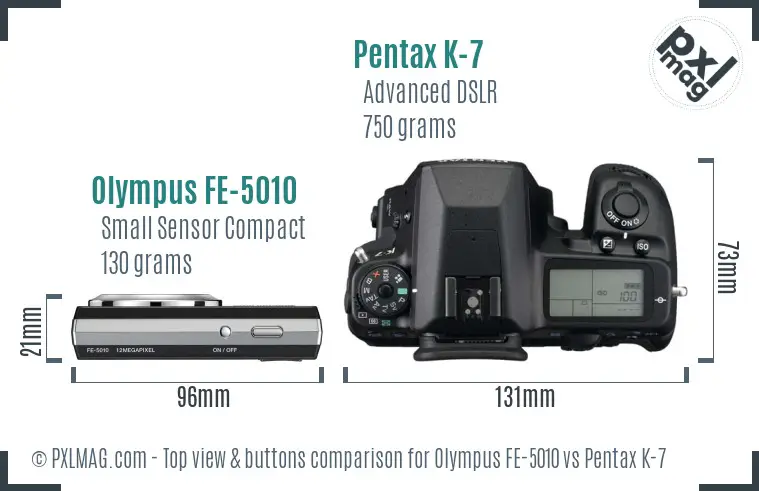 Olympus FE-5010 vs Pentax K-7 top view buttons comparison