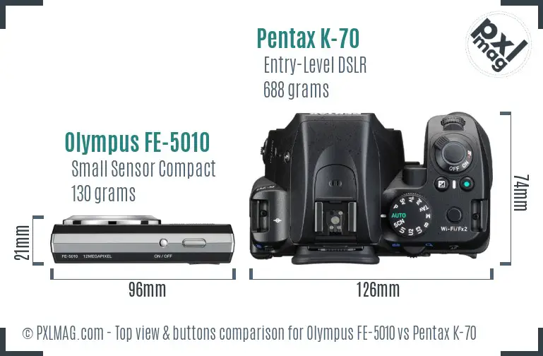 Olympus FE-5010 vs Pentax K-70 top view buttons comparison