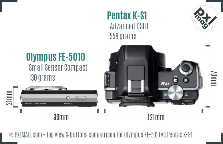 Olympus FE-5010 vs Pentax K-S1 top view buttons comparison
