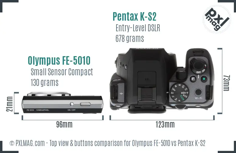 Olympus FE-5010 vs Pentax K-S2 top view buttons comparison