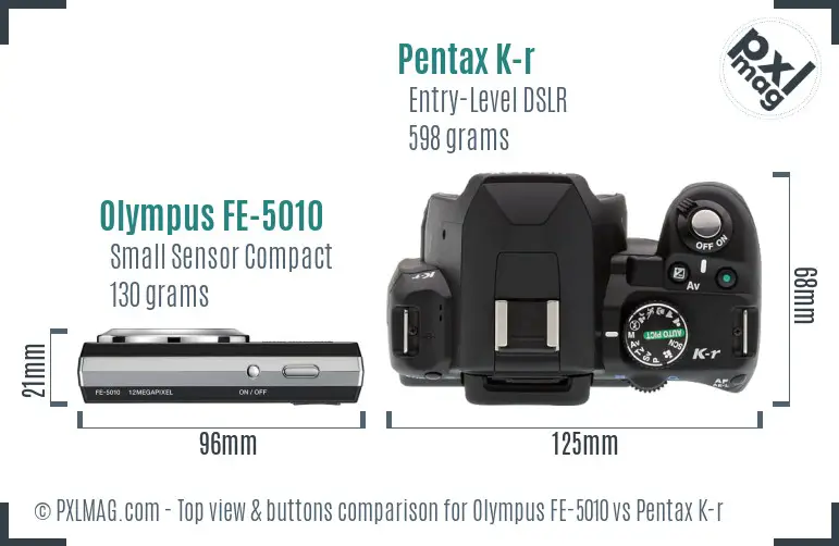 Olympus FE-5010 vs Pentax K-r top view buttons comparison