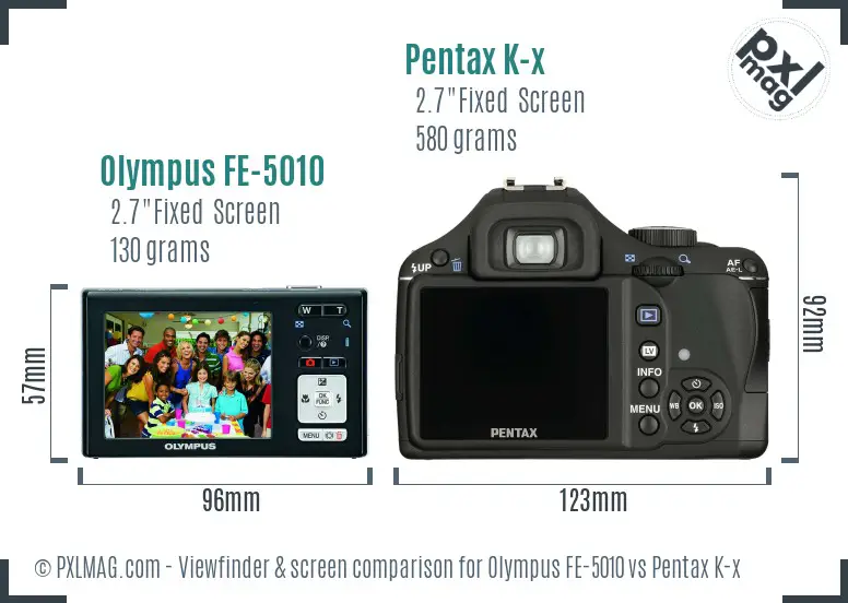 Olympus FE-5010 vs Pentax K-x Screen and Viewfinder comparison