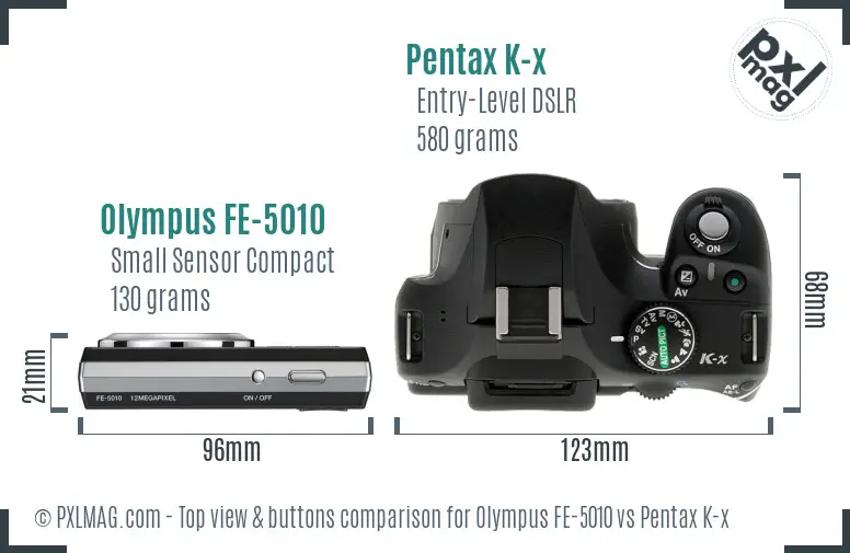 Olympus FE-5010 vs Pentax K-x top view buttons comparison