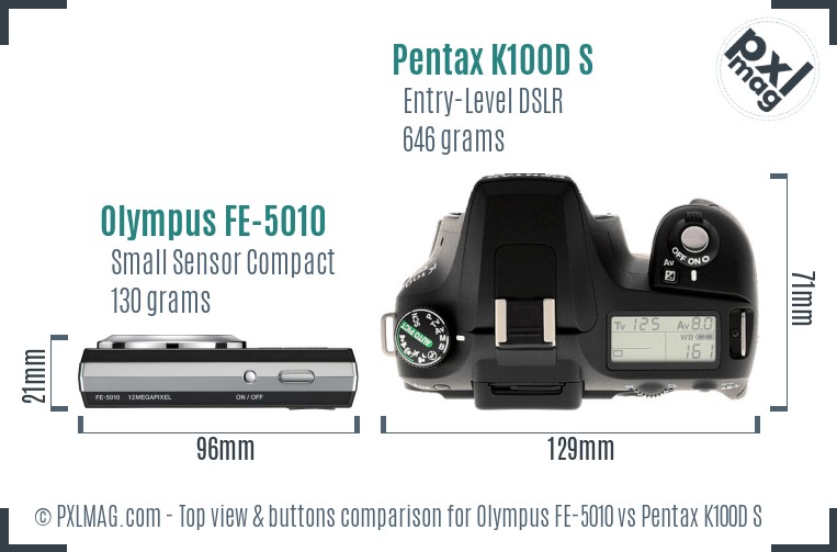 Olympus FE-5010 vs Pentax K100D S top view buttons comparison