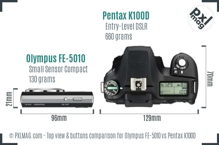 Olympus FE-5010 vs Pentax K100D top view buttons comparison
