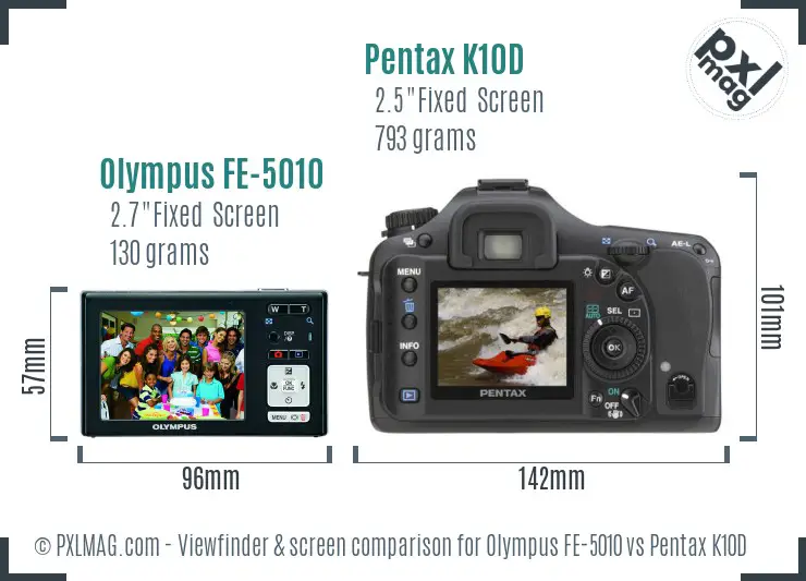 Olympus FE-5010 vs Pentax K10D Screen and Viewfinder comparison