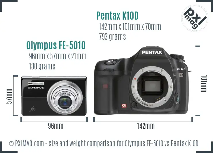 Olympus FE-5010 vs Pentax K10D size comparison