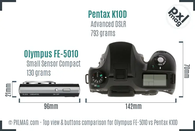 Olympus FE-5010 vs Pentax K10D top view buttons comparison